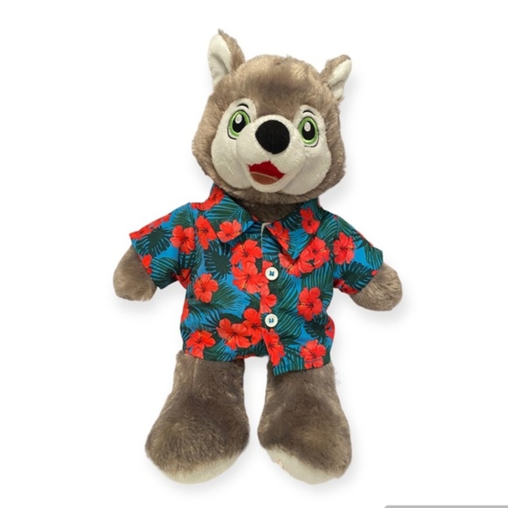 Build A Bear Wiley The Wolf With BB Hawaii Shirt Button Down Gray